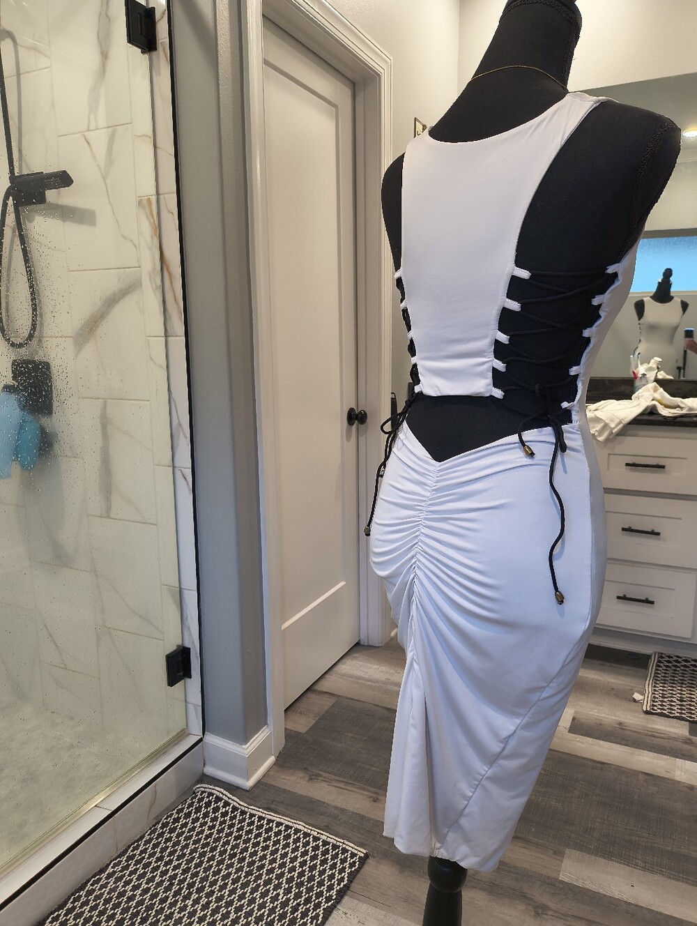White Lace-Up Open Back Ruched Midi Dress